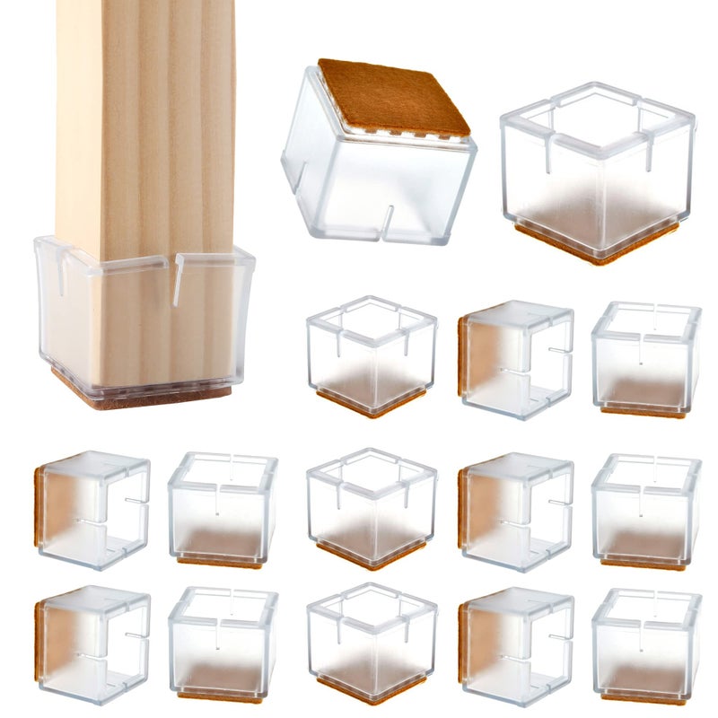 WarmHut 16 Pcs Chair Leg Floor Protectors Caps, Transparent Clear Furniture Foot Covers Silicone Chair Leg Caps with Felt Pads to Prevent Scratches & Reduce Noise, Square - Image 1